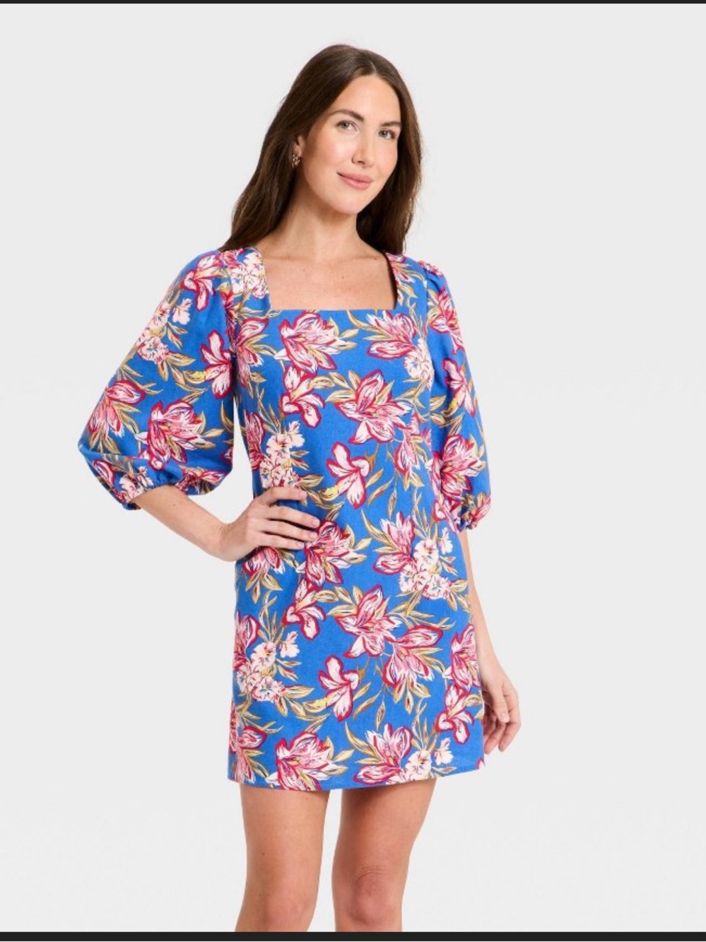 a new day Blue Floral Square-Neck Puff Sleeve Swim Coverup